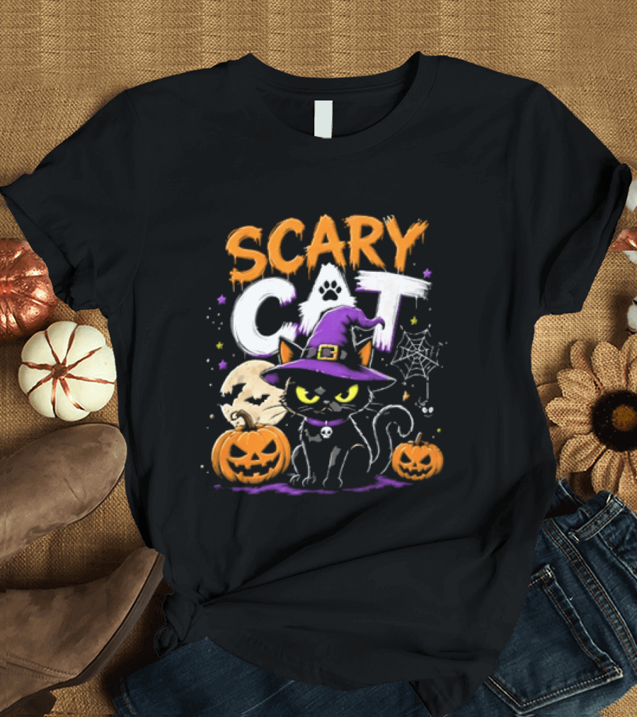 Scary Cat Black Kitten Witch Hat Full Moon Jack O Lanterns Halloween Cartoon T-Shirt