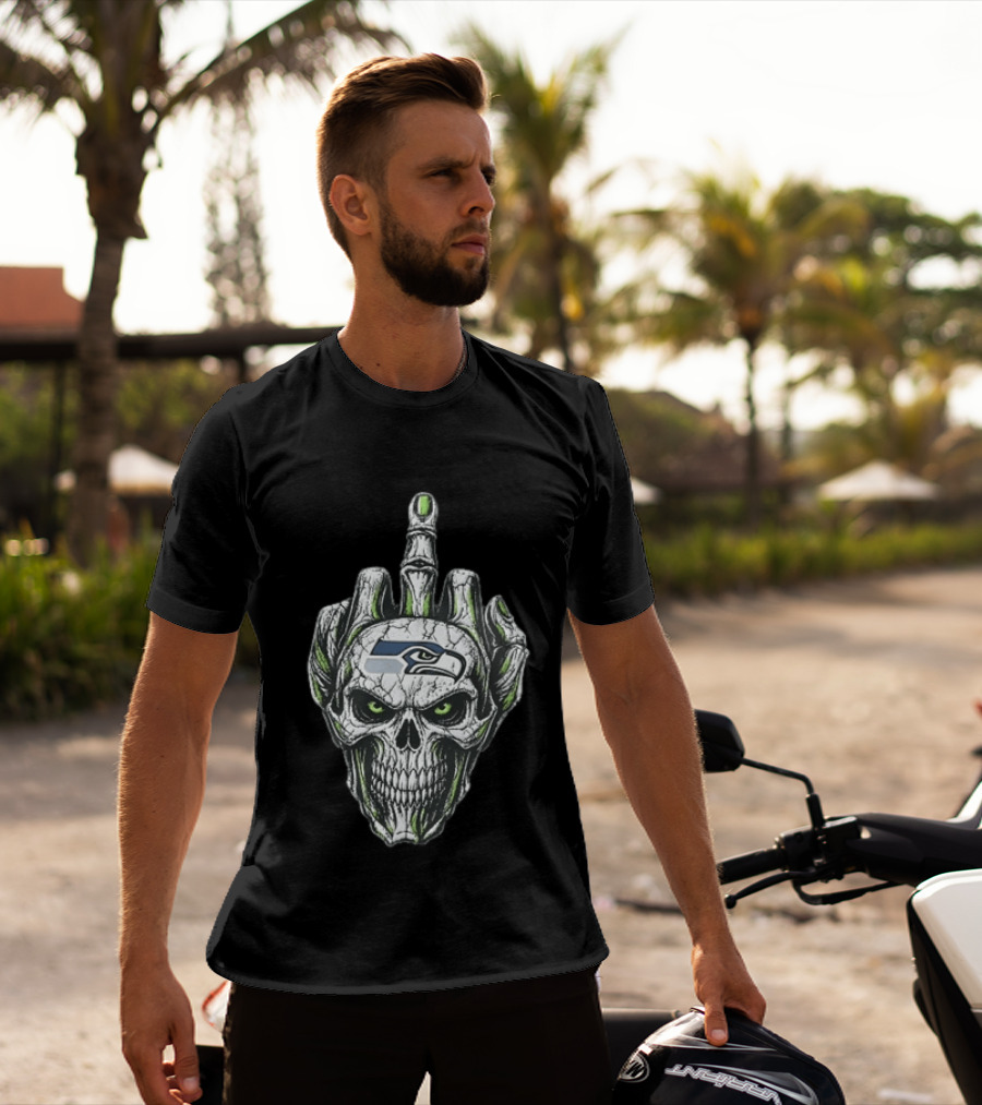 Seattle Seahawks Skull Skeleton Middle Finger Gesture Fan T-Shirt