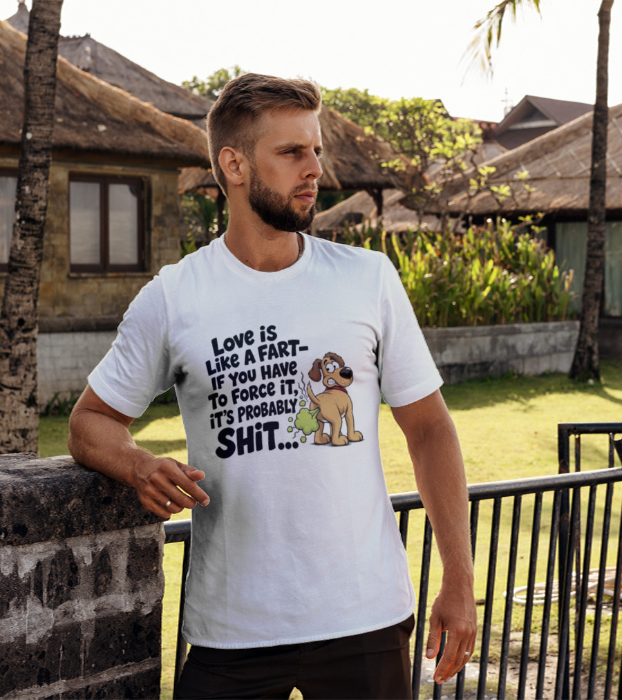 Love Is Like A Fart If You Have To Force It It's Probably Shit Dog Farting Humor T-Shirt