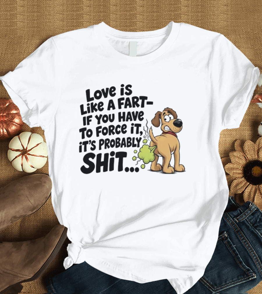 Love Is Like A Fart If You Have To Force It It's Probably Shit Dog Farting Humor T-Shirt
