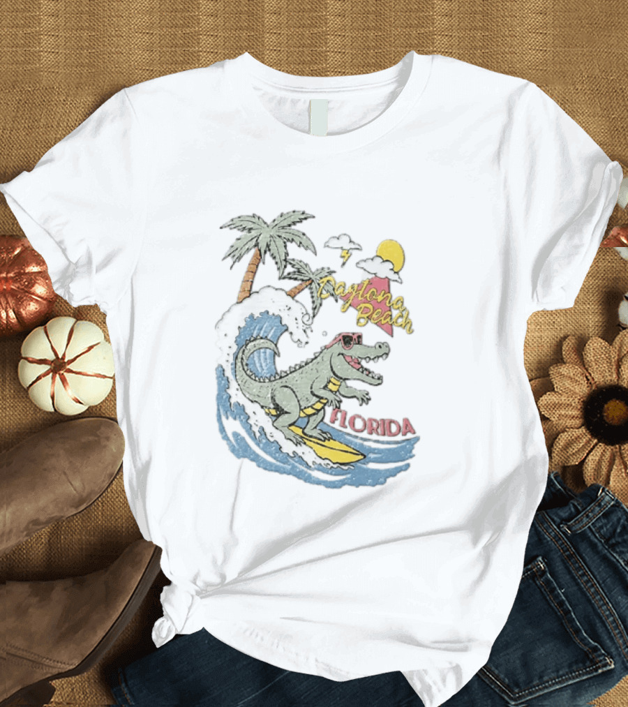 Daytona Beach Florida Surfing Alligator With Palm Trees And Sunglasses T-Shirt