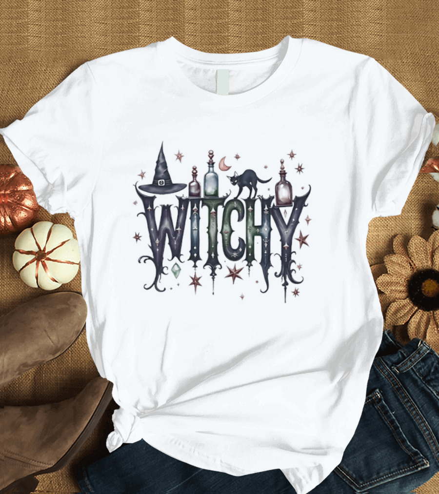Witchy Halloween Magic With Potion Bottles Cat And Stars T-Shirt