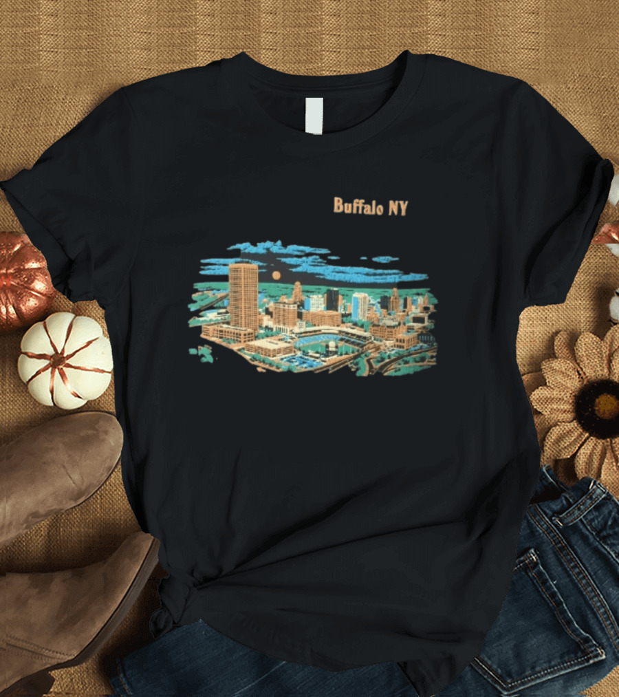 Buffalo NY Skyline Cityscape Illustration With Moonlit Clouds T-Shirt