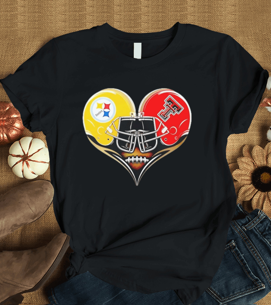 Pittsburgh Steelers Texas Tech Red Raiders Football Helmets Heart T-Shirt