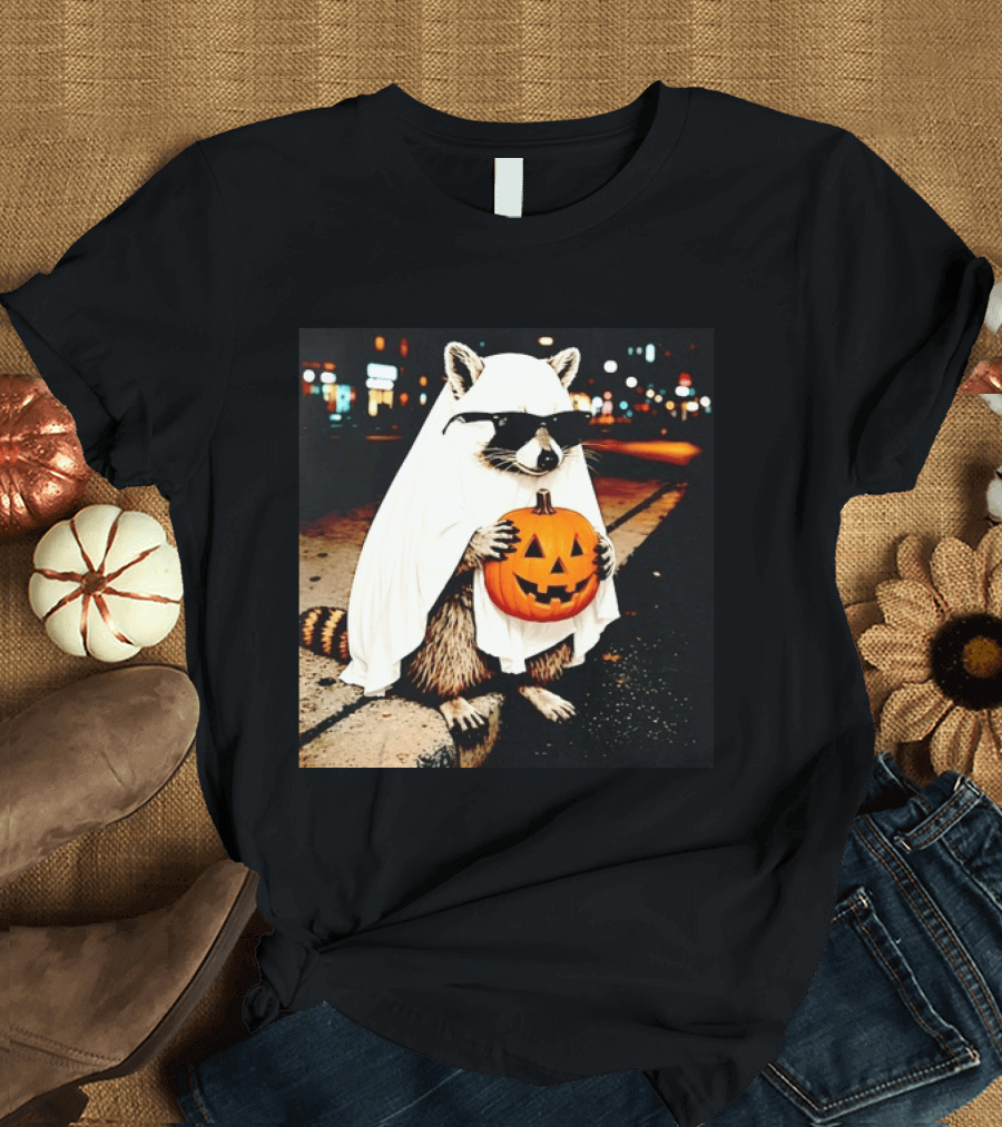 Raccoon Ghost Sunglasses Pumpkin Halloween Street Scene T-Shirt