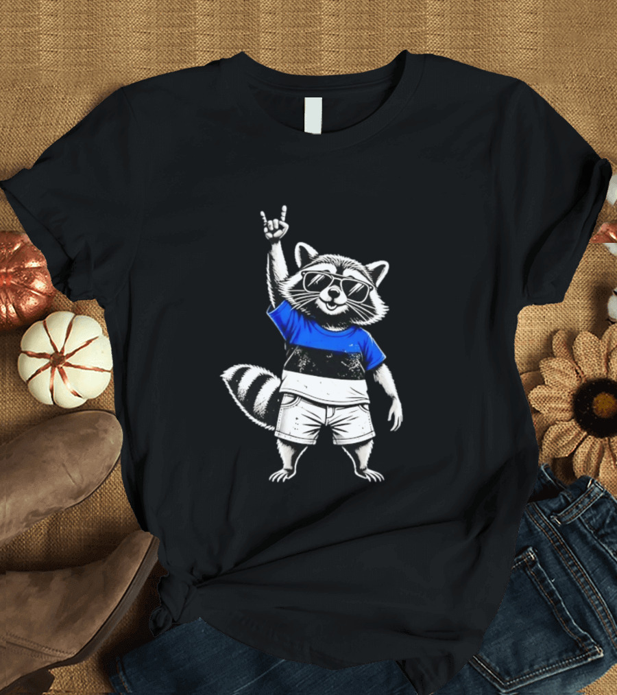 Rocking Raccoon Estonia Flag Style With Sunglasses And Hand Gesture T-Shirt