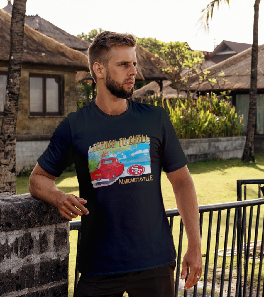 San Francisco 49ers License To Chill Margaritaville Beach Scene Vintage Truck T-Shirt