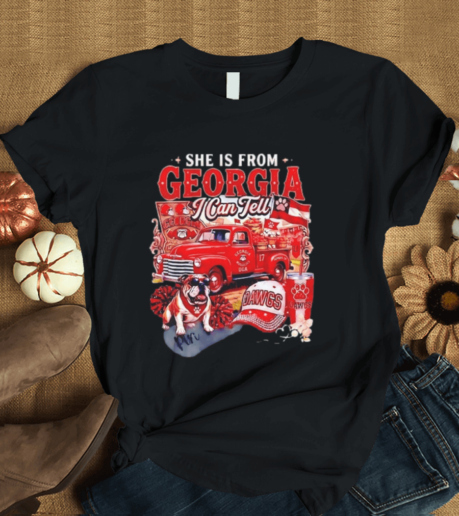 She Is From Georgia I Can Tell Bulldogs Dawgs Red Truck T-Shirt