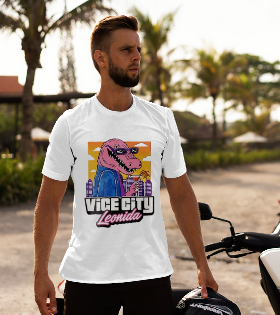 Vice City Leonida Pink Alligator Sunglasses Cocktail Cityscape T-Shirt