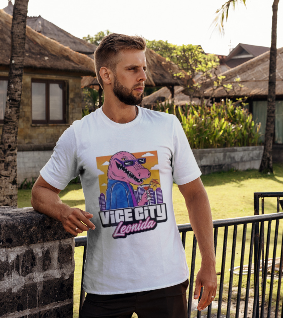 Vice City Leonida Pink Alligator Sunglasses Cocktail Cityscape T-Shirt