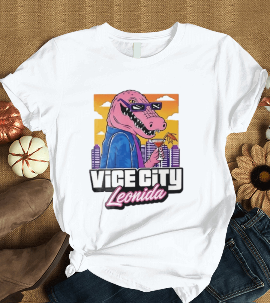 Vice City Leonida Pink Alligator Sunglasses Cocktail Cityscape T-Shirt