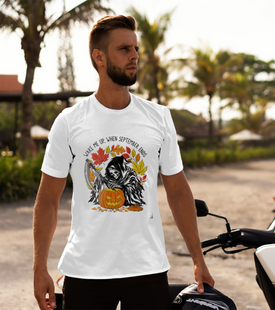 Wake Me Up When September Ends Grim Reaper Carving Jack O Lantern Autumn Leaves T-Shirt