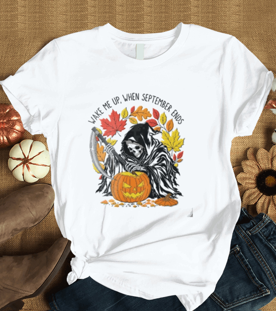 Wake Me Up When September Ends Grim Reaper Carving Jack O Lantern Autumn Leaves T-Shirt