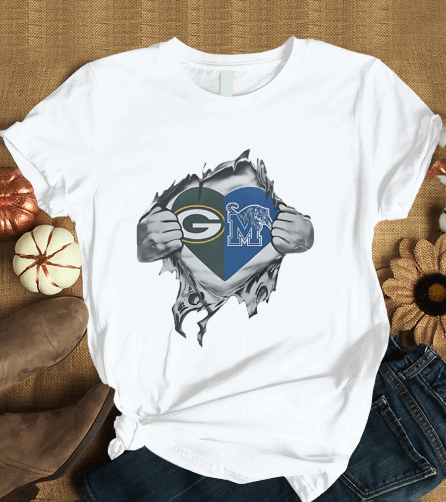 Green Bay Packers Memphis Tigers Heart Symbol Fusion T-Shirt