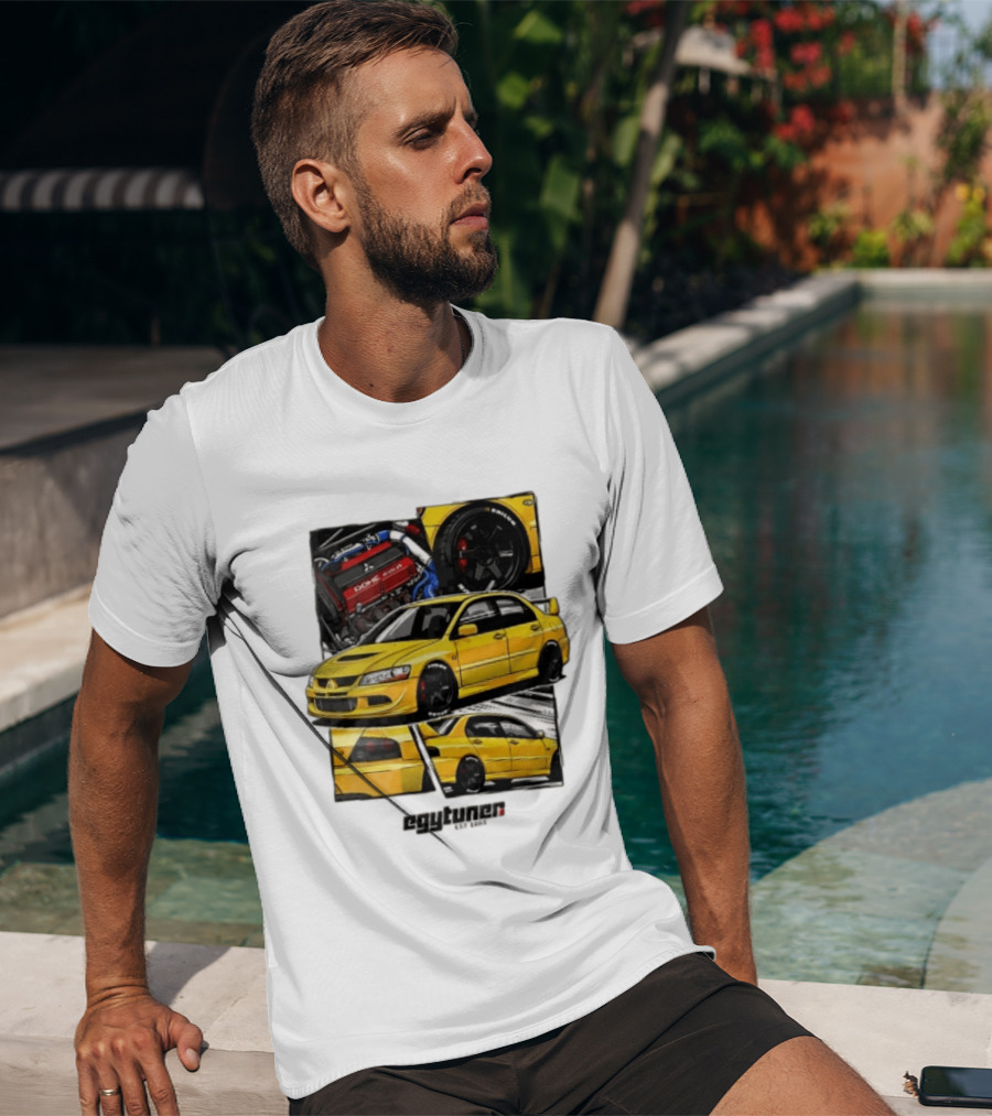 Mitsubishi Egytuner Est 2003 Yellow Lancer Evolution Engine Wheel Panels T-Shirt