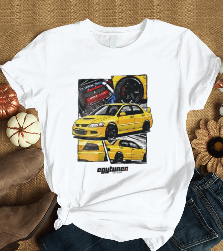 Mitsubishi Egytuner Est 2003 Yellow Lancer Evolution Engine Wheel Panels T-Shirt