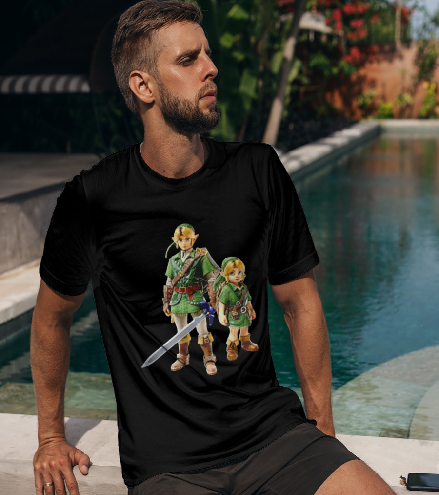Adult And Young Link Green Tunic Warrior Sword Shield Render T-Shirt