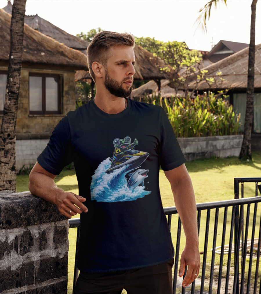 Cartoon Frog Thumbs Up Riding Jet Ski With Dolphin On Ocean Wave T-Shirt