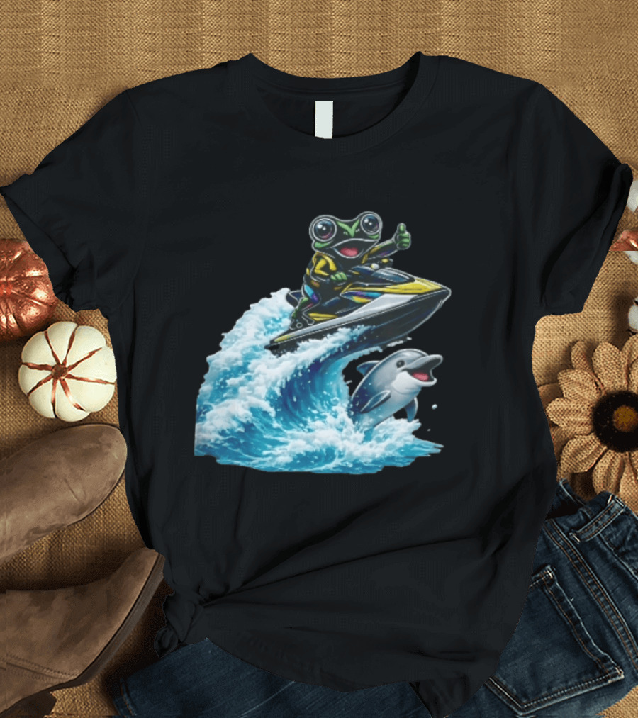 Cartoon Frog Thumbs Up Riding Jet Ski With Dolphin On Ocean Wave T-Shirt