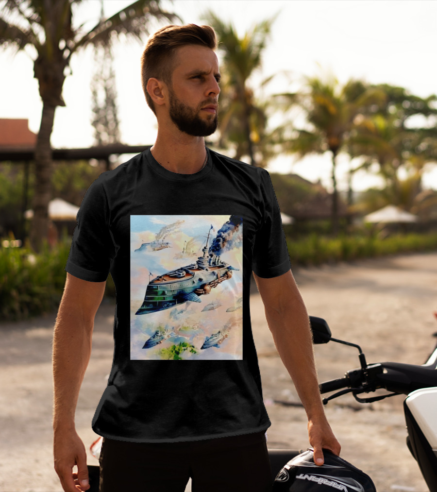 Steampunk Flying Battleship Armada Soaring Through The Clouds T-Shirt