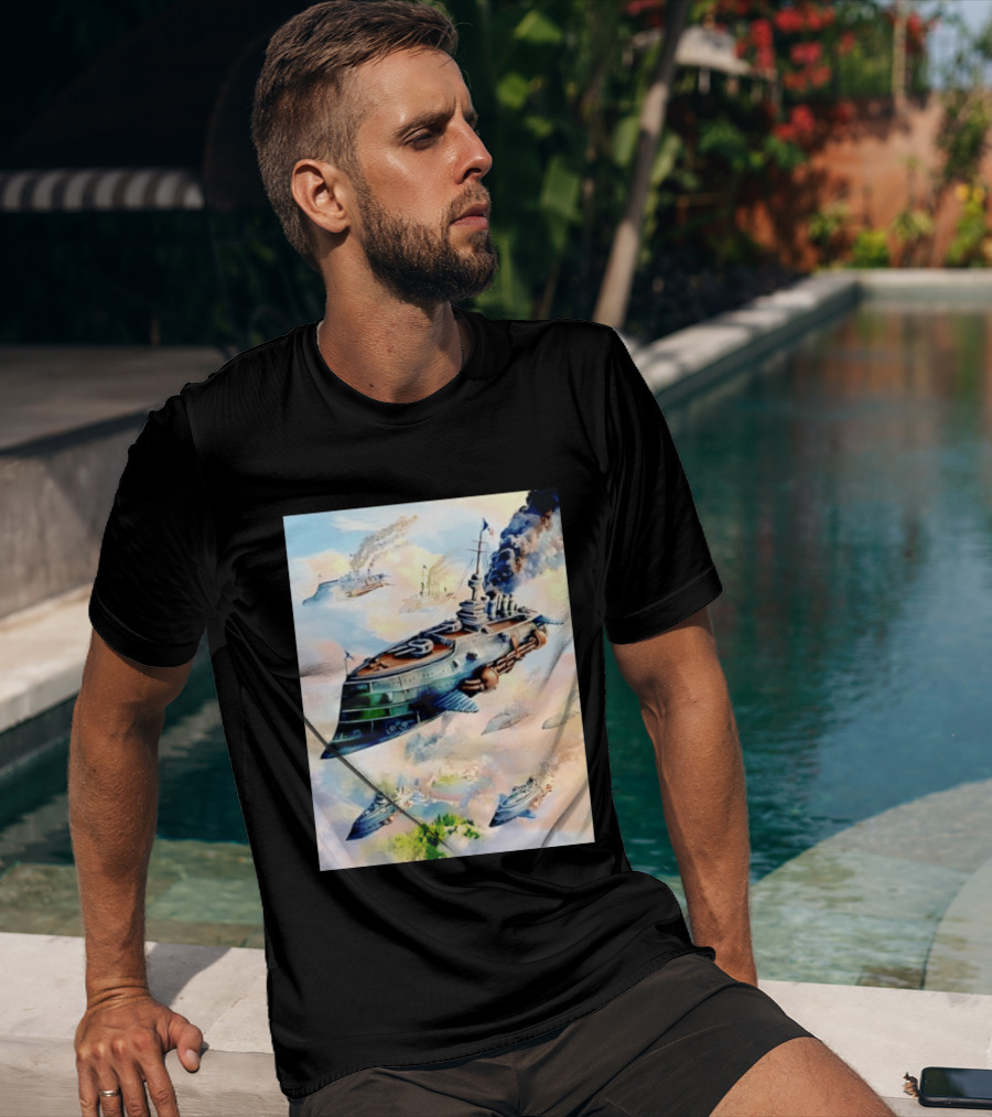 Steampunk Flying Battleship Armada Soaring Through The Clouds T-Shirt