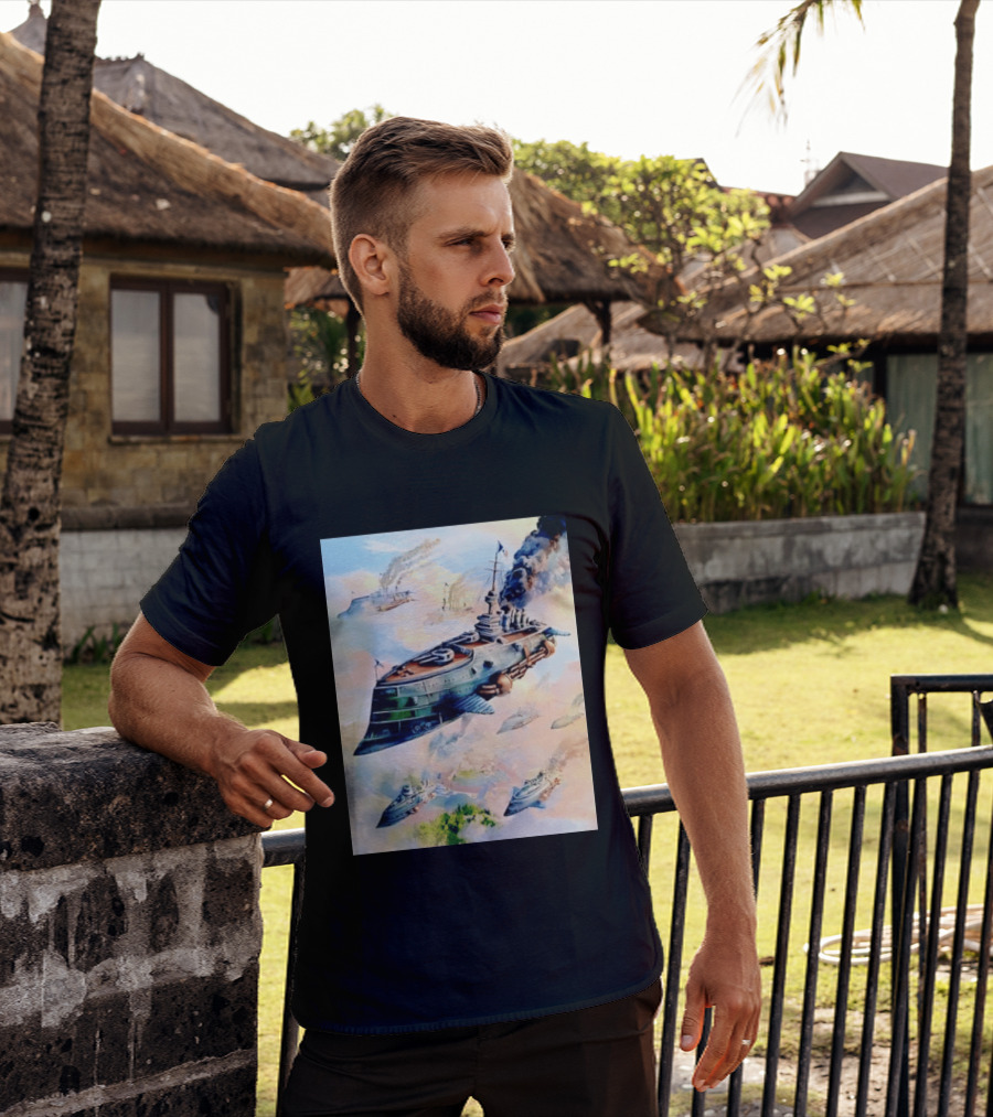 Steampunk Flying Battleship Armada Soaring Through The Clouds T-Shirt