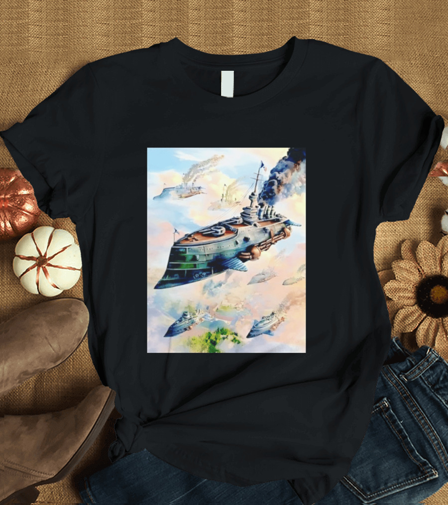 Steampunk Flying Battleship Armada Soaring Through The Clouds T-Shirt