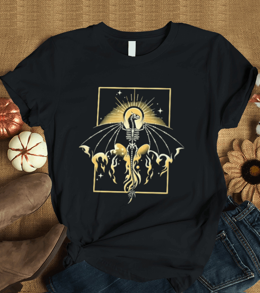 Celestial Gold Skeletal Dragon Wings Sunburst Halo Flames T-Shirt