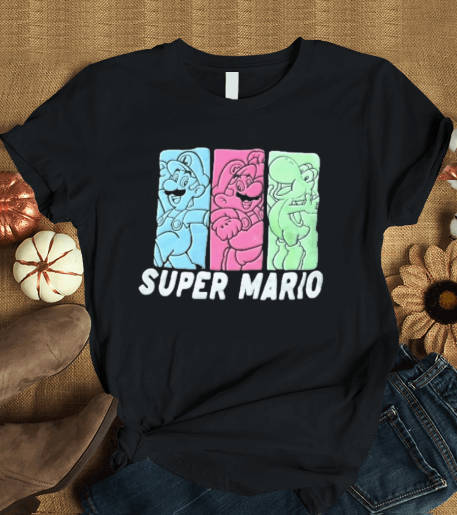 Super Mario Luigi Yoshi Characters Colorful Panels T-Shirt