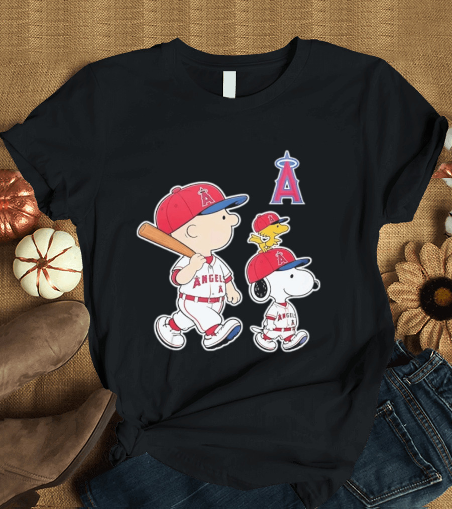 Charlie Brown Snoopy Woodstock Los Angeles Angels Baseball Team T-Shirt