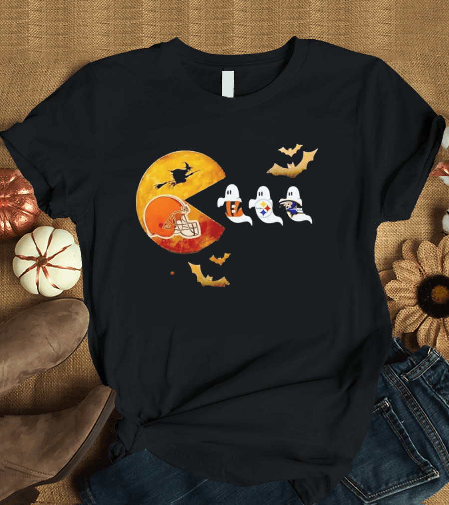 Cleveland Browns Pac Man Vs Bengals Steelers Ravens Halloween Battle T-Shirt