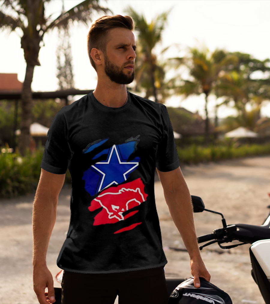 Dallas Cowboys Star And SMU Mustangs Red Ripped Effect T-Shirt