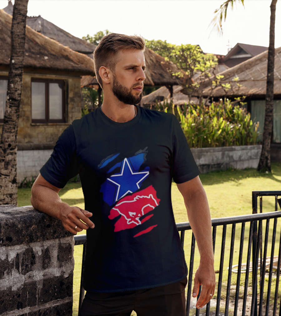 Dallas Cowboys Star And SMU Mustangs Red Ripped Effect T-Shirt