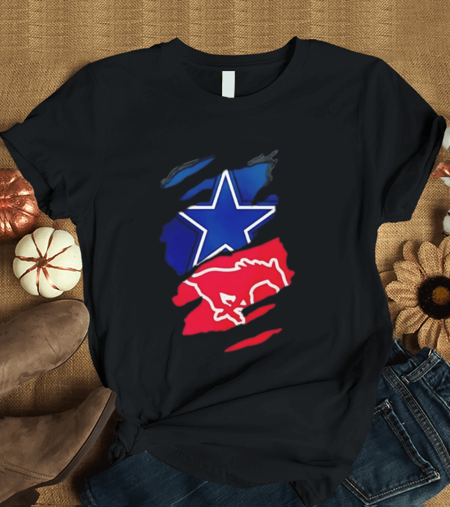 Dallas Cowboys Star And SMU Mustangs Red Ripped Effect T-Shirt