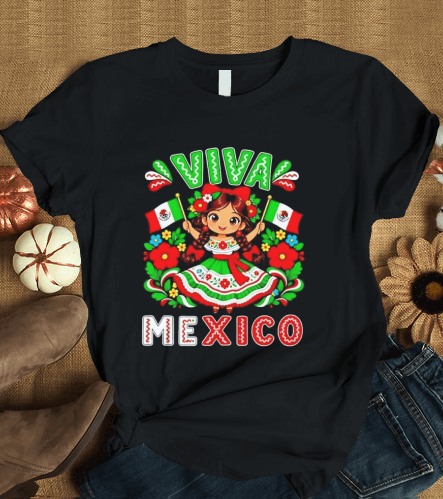 Viva Mexico Traditional Dress Girl With Flags Mexican Celebration T-Shirt