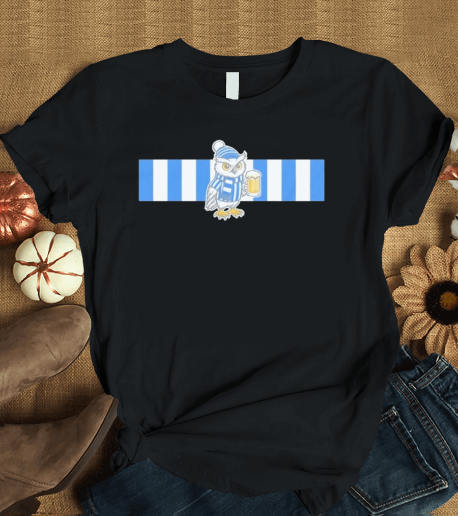 Owl In Blue And White Stripes With Beer T-Shirt
