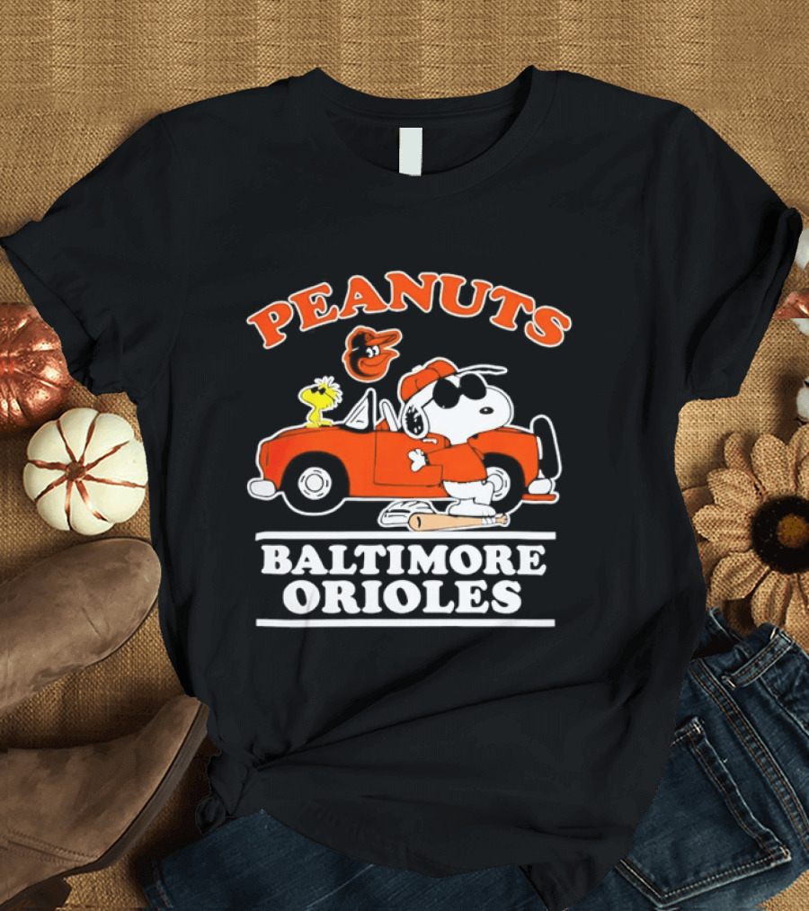Peanuts Snoopy And Woodstock Driving Baltimore Orioles Car T-Shirt