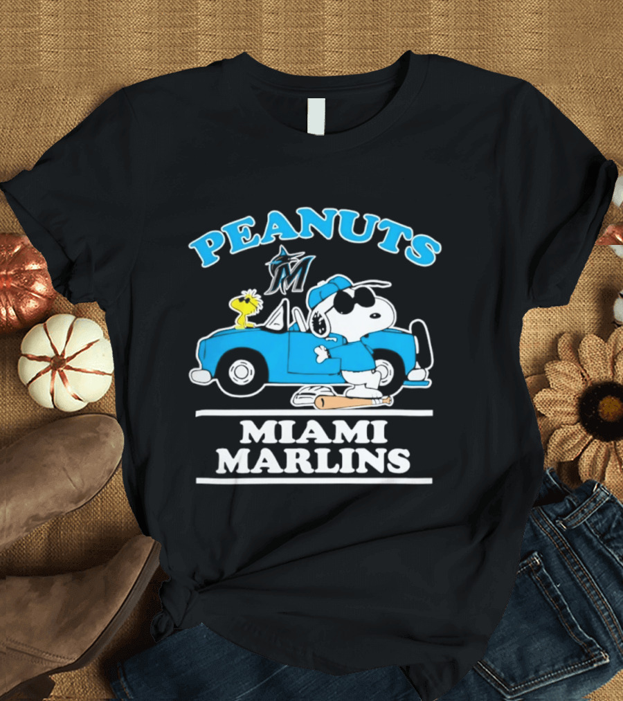 Peanuts Snoopy And Woodstock Miami Marlins Baseball Driving Adventure T-Shirt