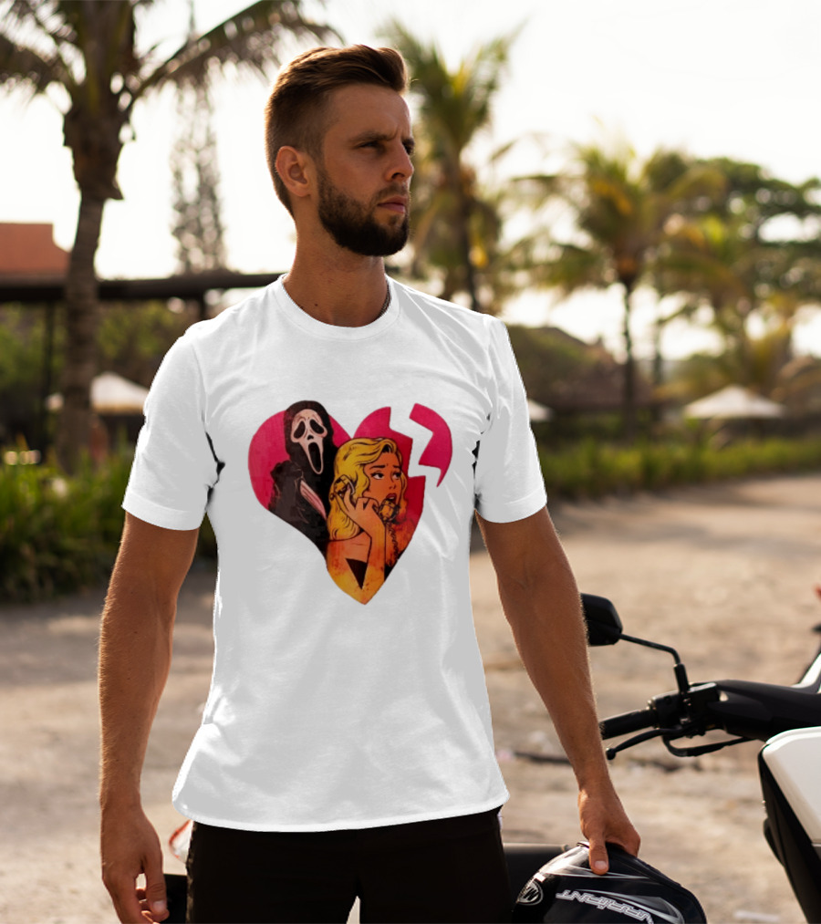 Cartoon Blonde Woman Ghostface Broken Pink Heart Knife Phone T-Shirt