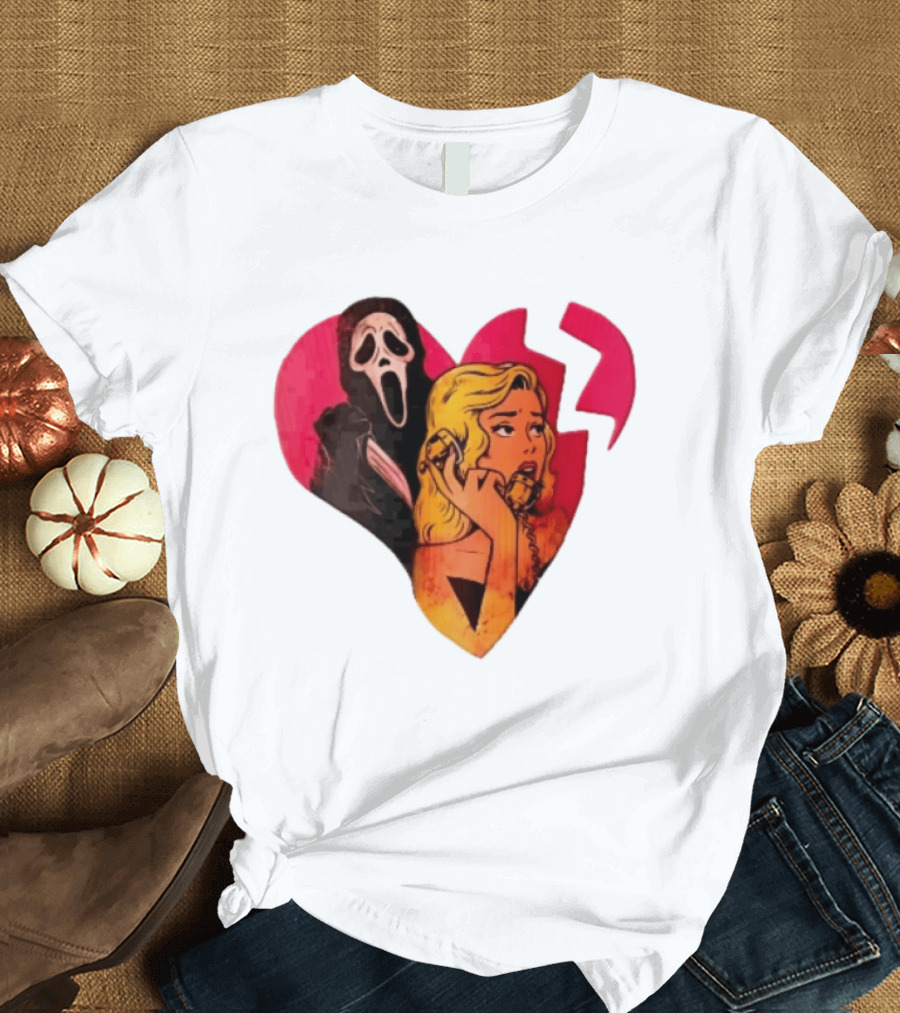 Cartoon Blonde Woman Ghostface Broken Pink Heart Knife Phone T-Shirt