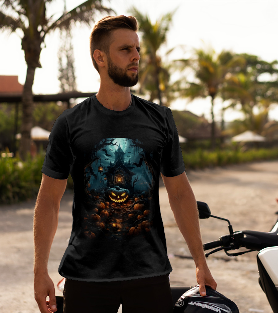 Haunted House Pumpkin Season Halloween Spooky Night Scene With Jack O' Lanterns And Bats T-Shirt