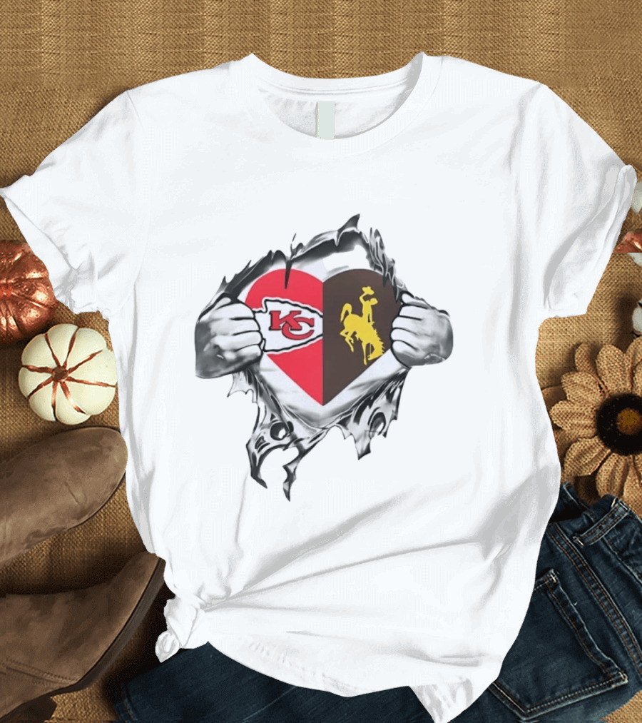 Kansas City Chiefs Wyoming Cowboys Heart Fan Pride Combination T-Shirt