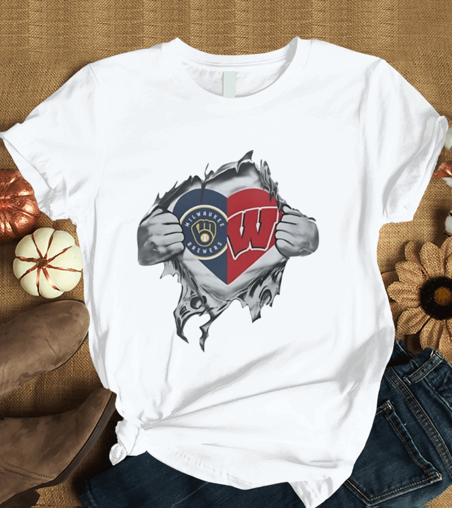 Milwaukee Brewers Wisconsin Badgers Heart T-Shirt