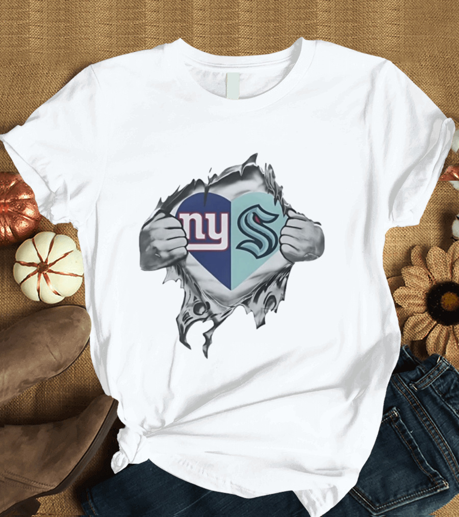 New York Giants Seattle Kraken Fan Heart Fusion T-Shirt