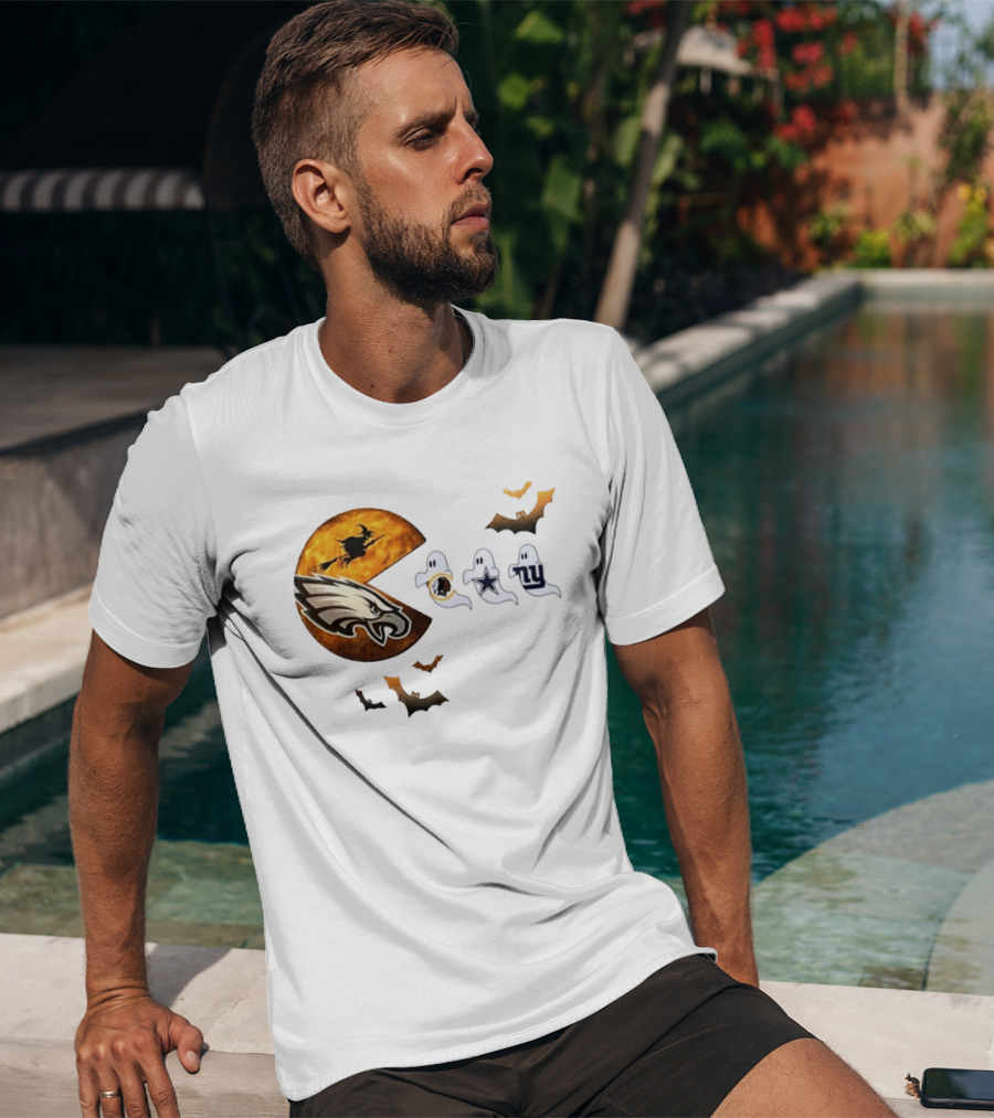 Philadelphia Eagles Pac Man Halloween Washington Commanders Cowboys Giants Ghosts T-Shirt