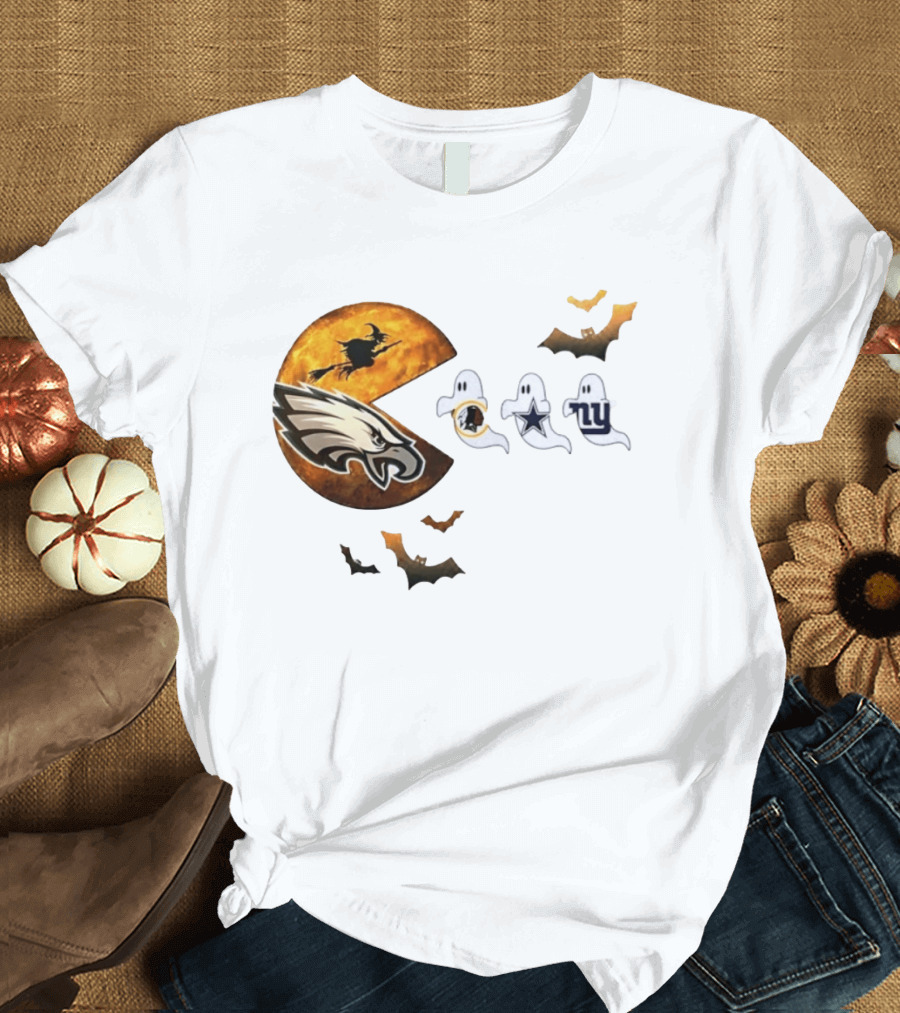 Philadelphia Eagles Pac Man Halloween Washington Commanders Cowboys Giants Ghosts T-Shirt