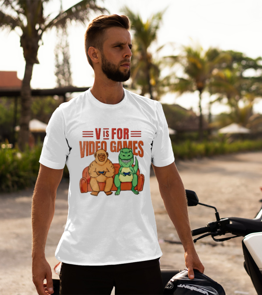V Is For Video Games Sasquatch Dinosaur Couch Controllers Cartoon T-Shirt