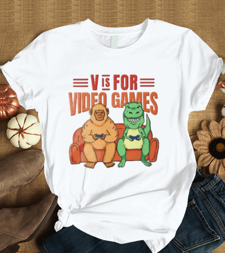 V Is For Video Games Sasquatch Dinosaur Couch Controllers Cartoon T-Shirt