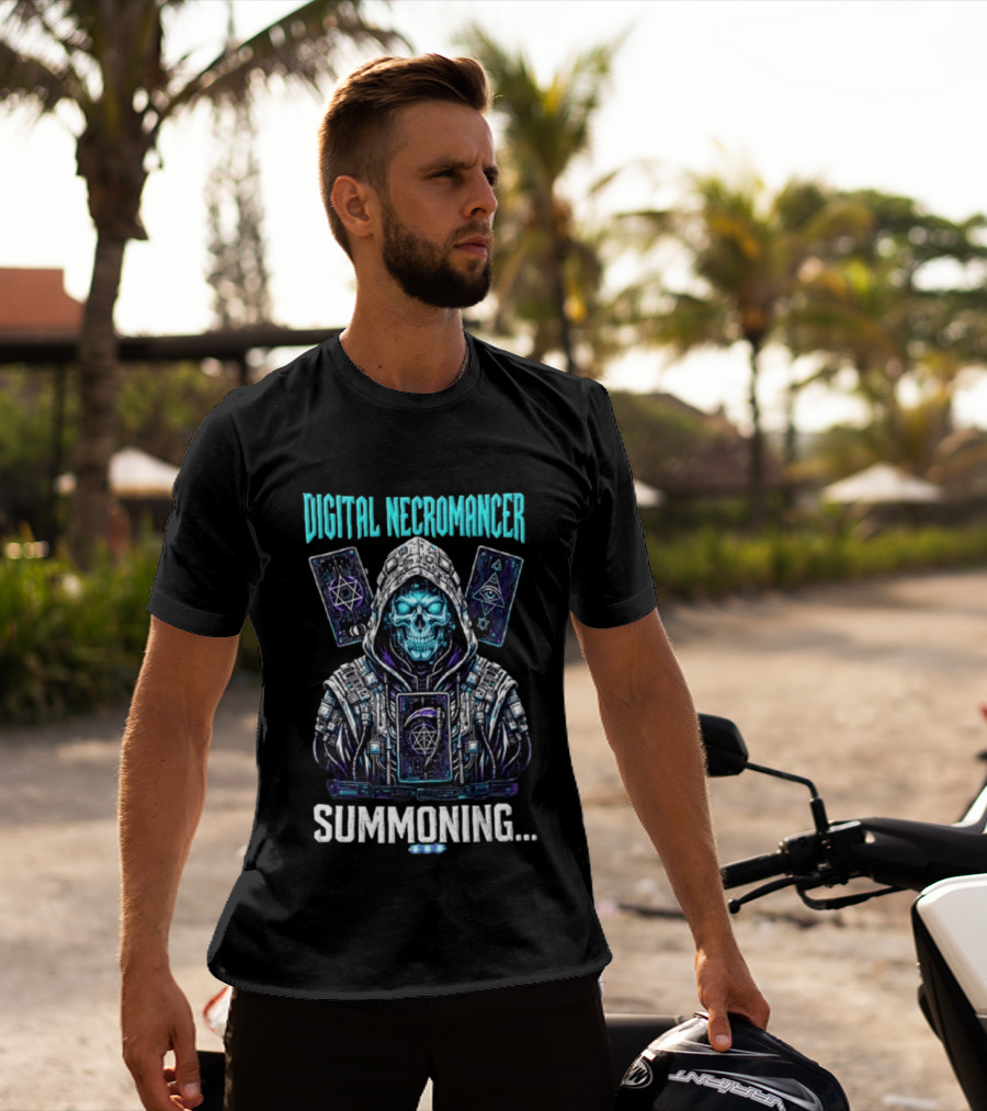 Digital Necromancer Summoning Cyber Skull Tarot Cards T-Shirt