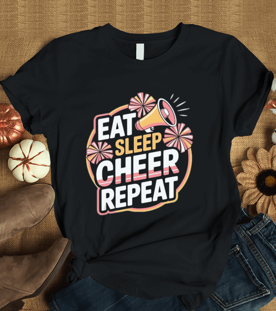 Eat Sleep Cheer Repeat Megaphone Pom Poms Cheerleading T-Shirt